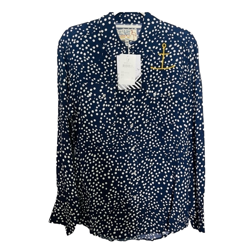 Free People x Sandrine Rose Small Polka Dot Button Down Shirt Navy MSRP $198
